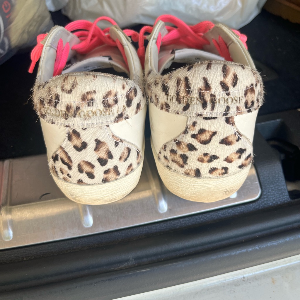 Golden Goose Leopard Print & White Sneakers With Pink Laces